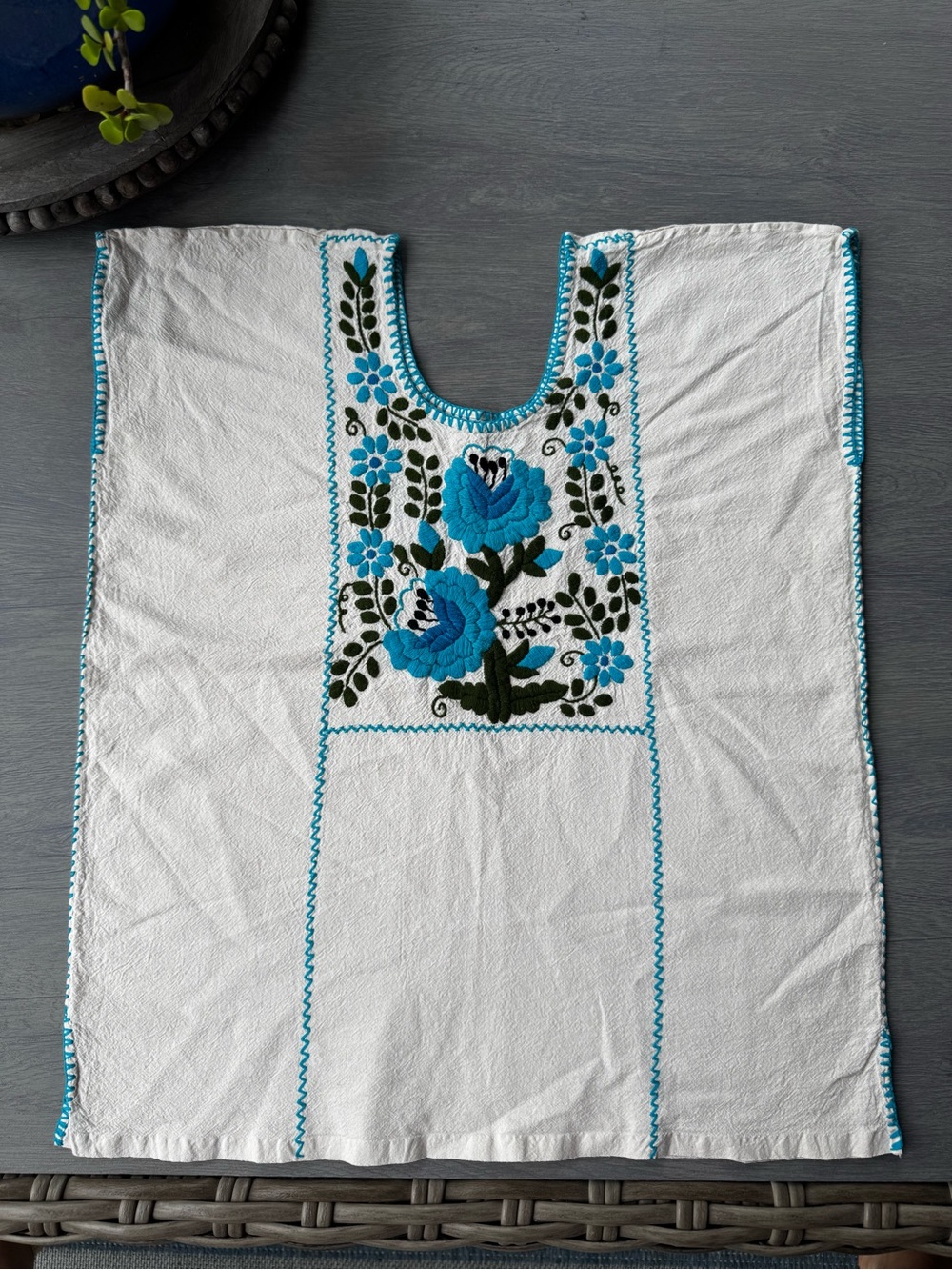 Hand-Embroidered Mexican Huipil in Cream with Turquoise Floral Design
